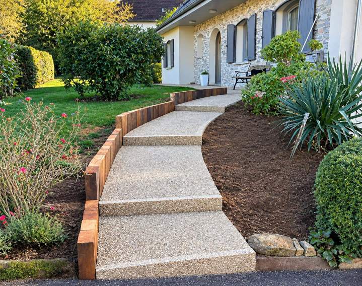 Allée de jardin vers une maison en pierre Guéret